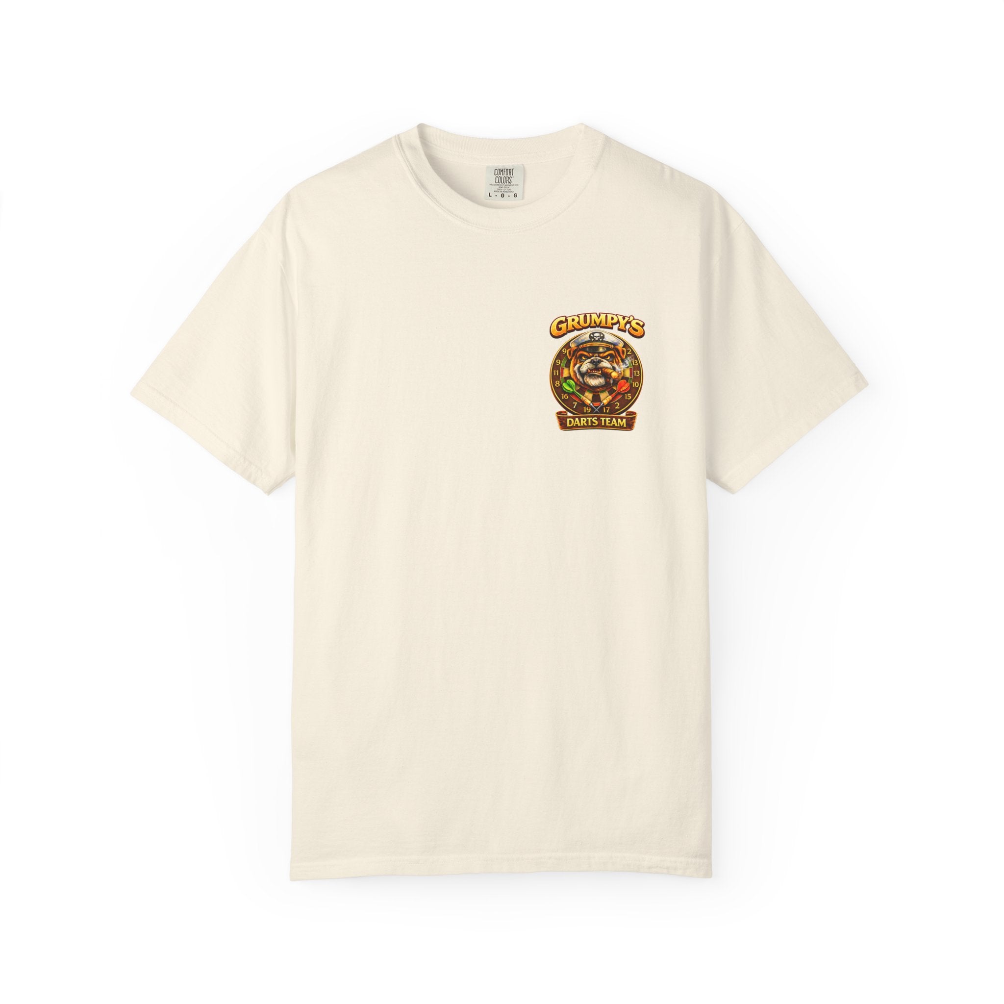 White t-shirt with black volleyball graphic and text on a white background