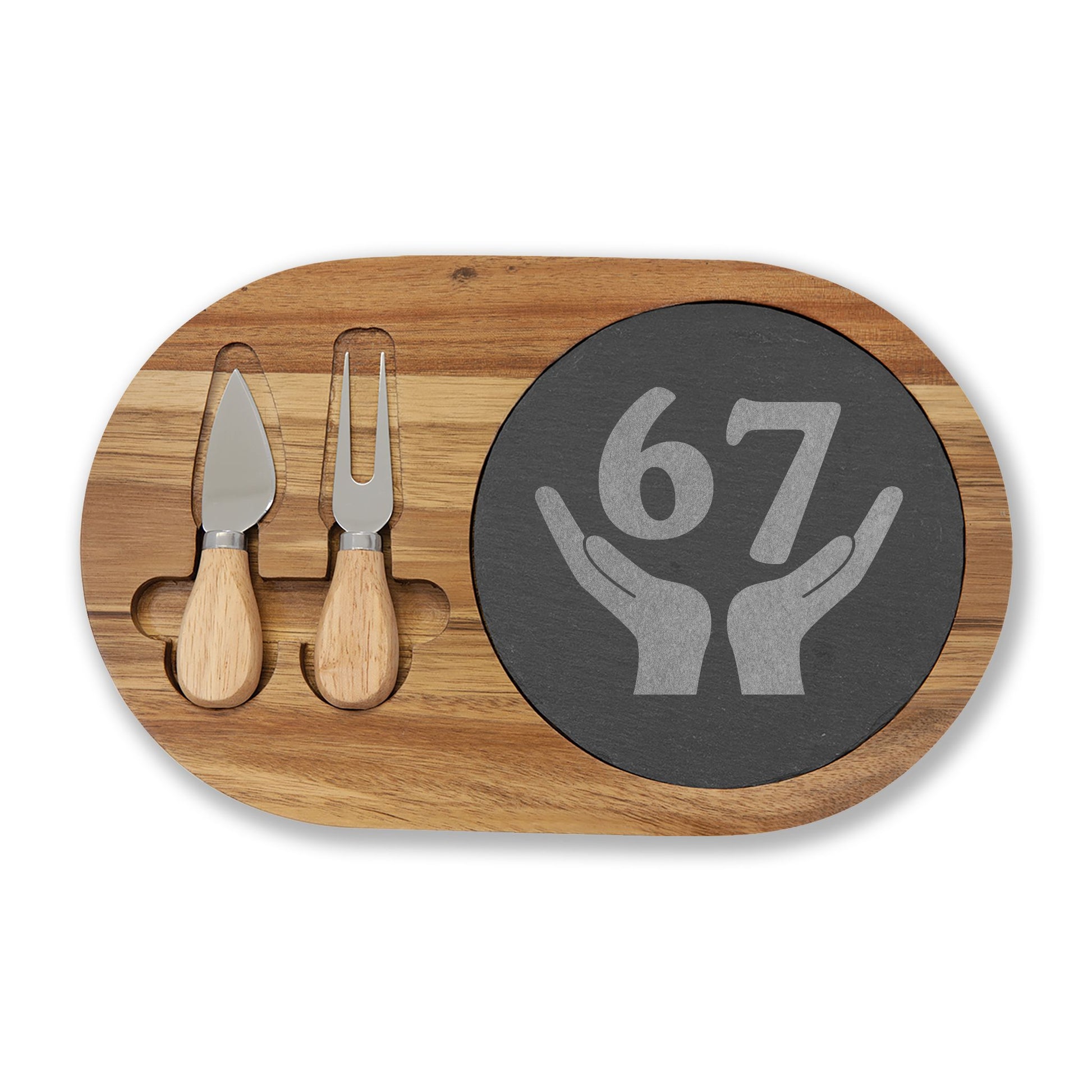 Wooden cheese board set with two knives and a circular slate piece displaying numbers and hands.