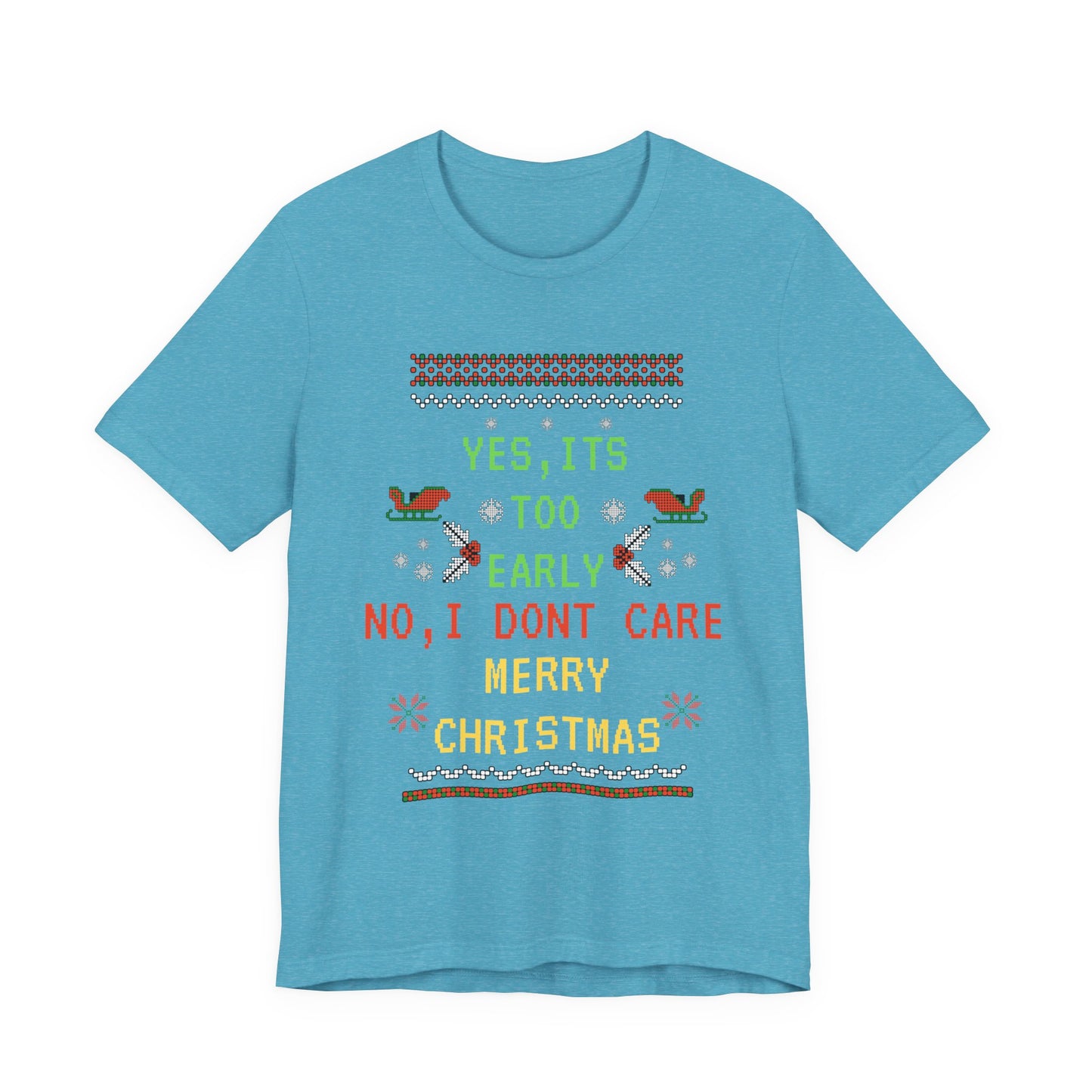 Blue t-shirt with Christmas-themed text and graphics on a white background