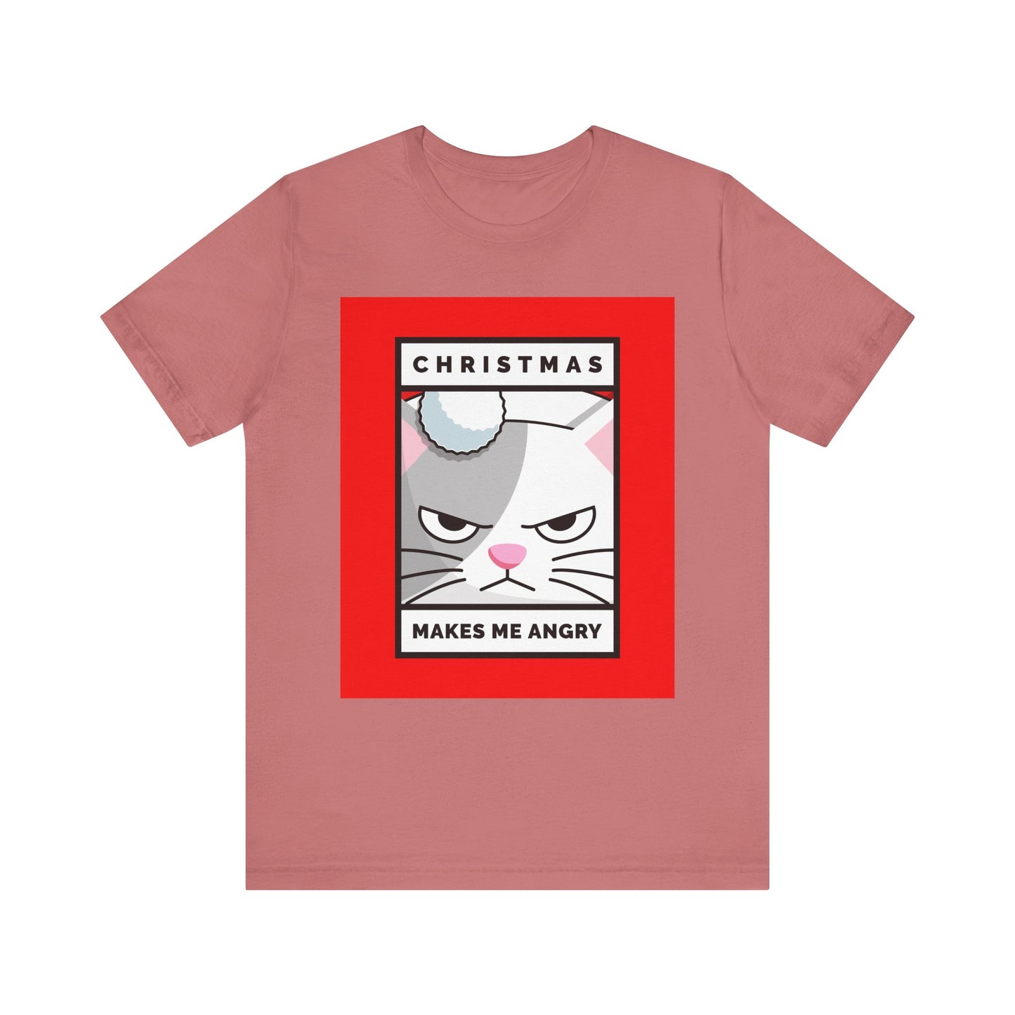 Red t-shirt with a graphic of a cat and text on a white background
