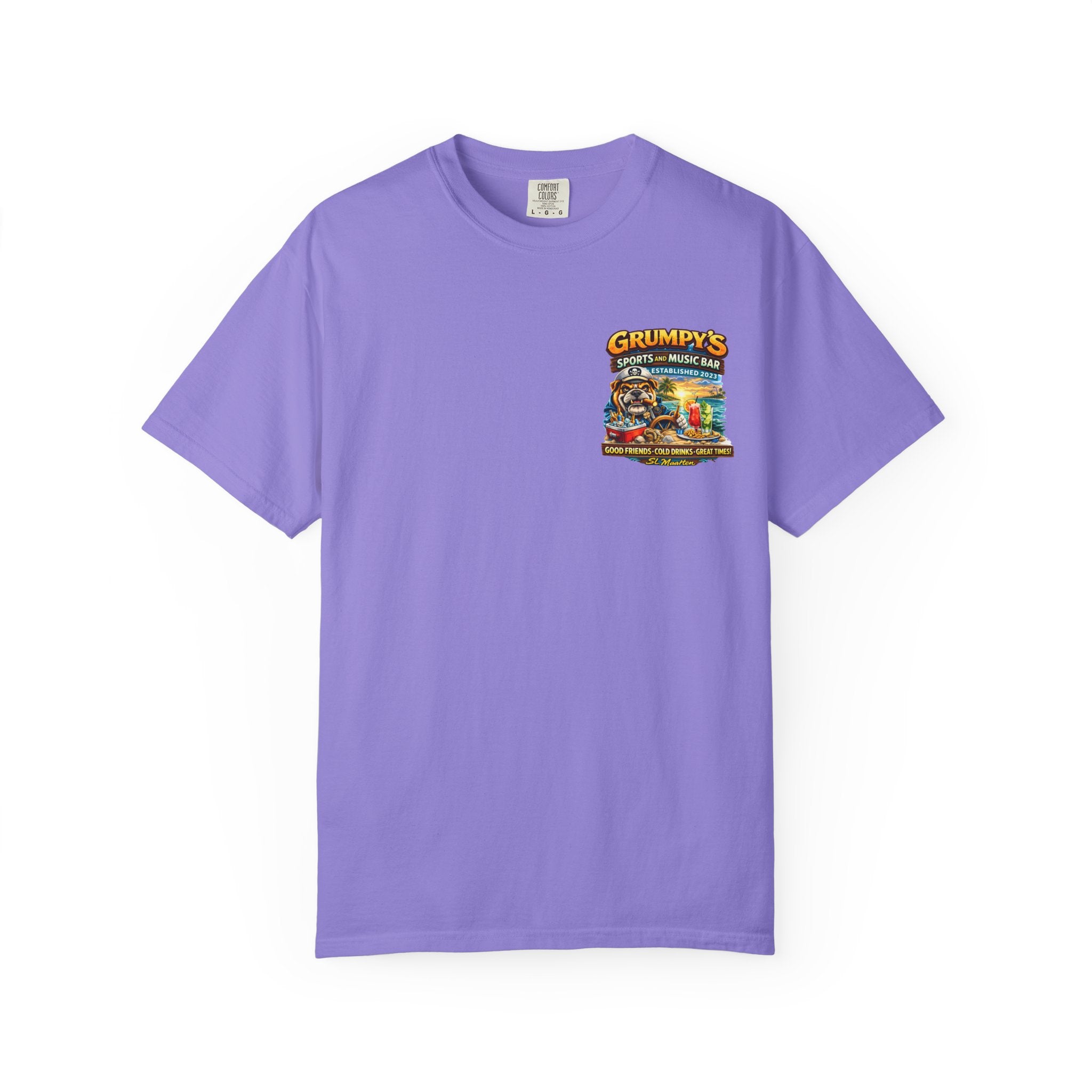 Purple t-shirt with a colorful graphic on a white background