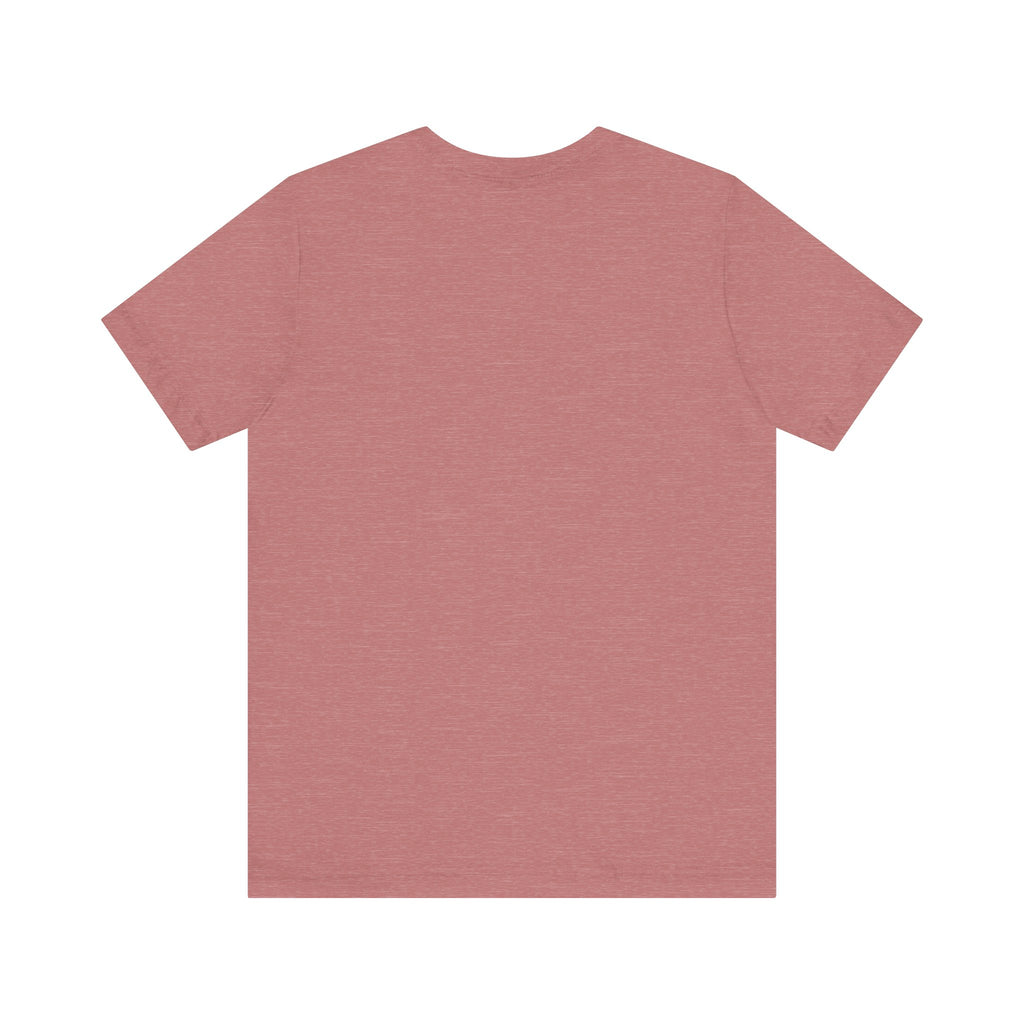 Back view of a plain heather mauve t-shirt on a white background