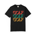 Black t-shirt with 'GOLF' text in colorful letters on a white background