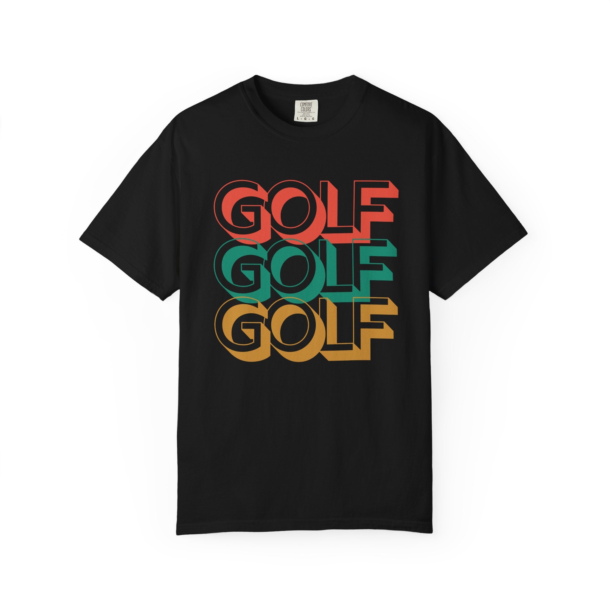 Black t-shirt with 'GOLF' text in colorful letters on a white background
