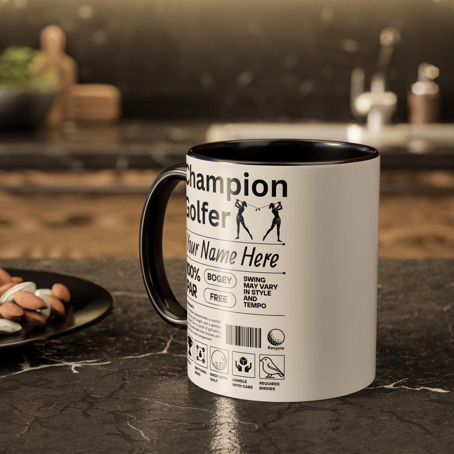 Mug with personalized golf-themed design on a kitchen counter