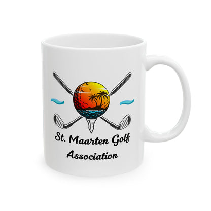 White mug with St. Maarten Golf Association logo featuring a golf ball and clubs on a white background