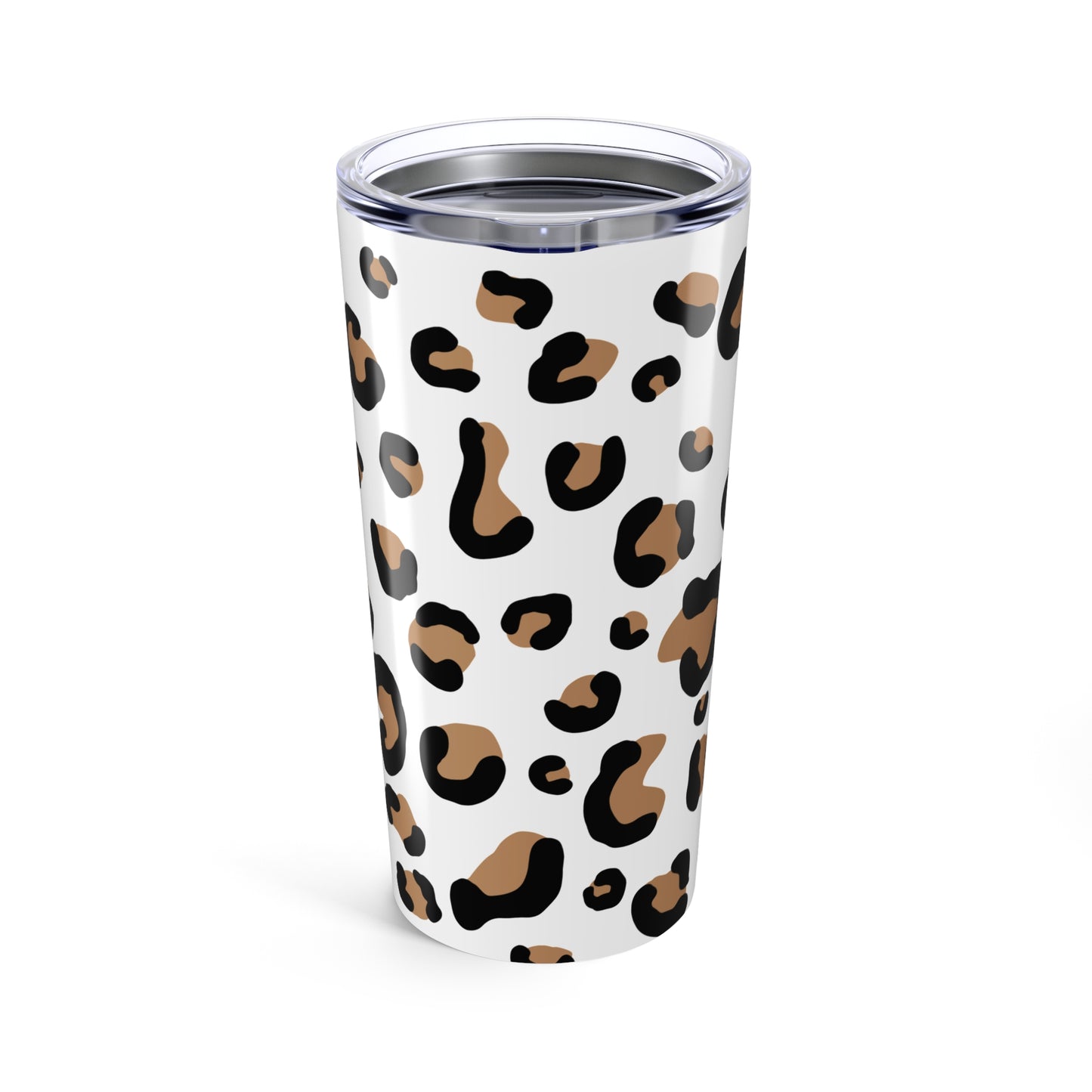 Tumbler with leopard print pattern on a white background