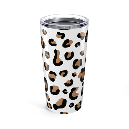 Tumbler with leopard print pattern on a white background