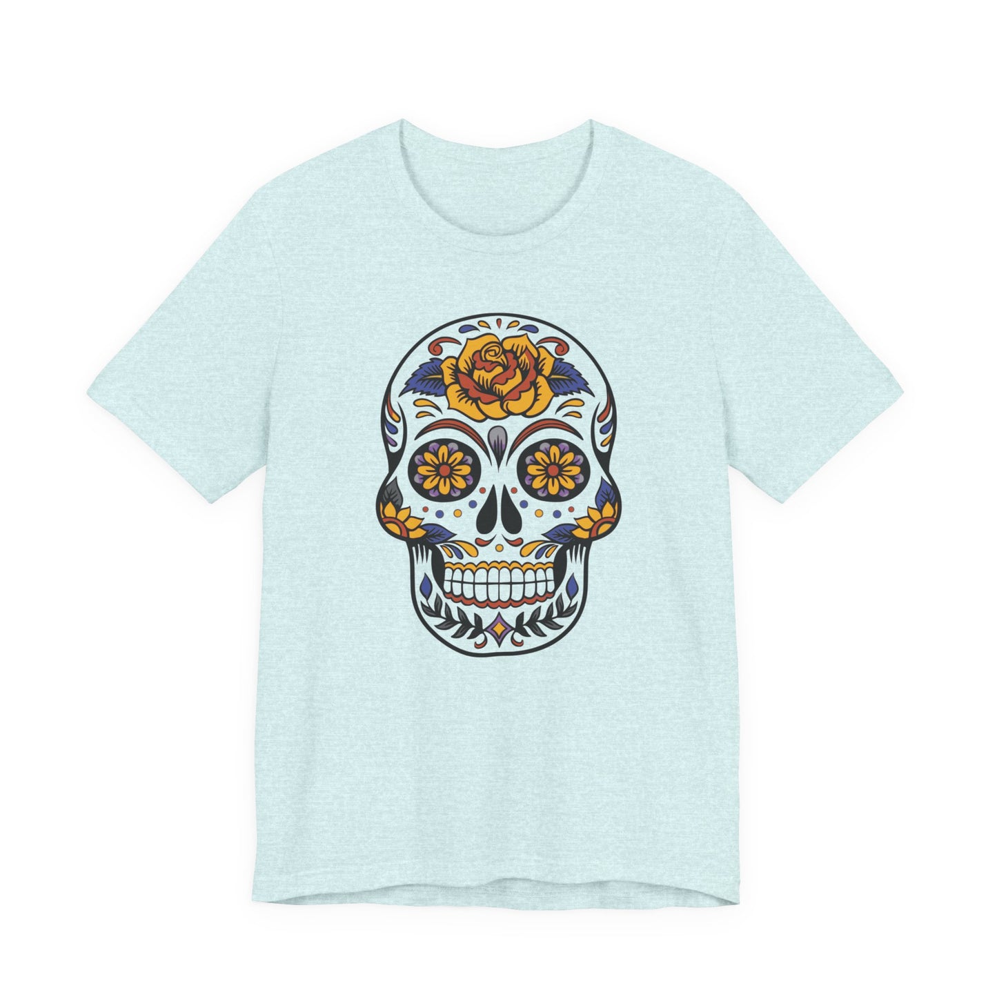 Light blue t-shirt with a colorful skull design on a white background