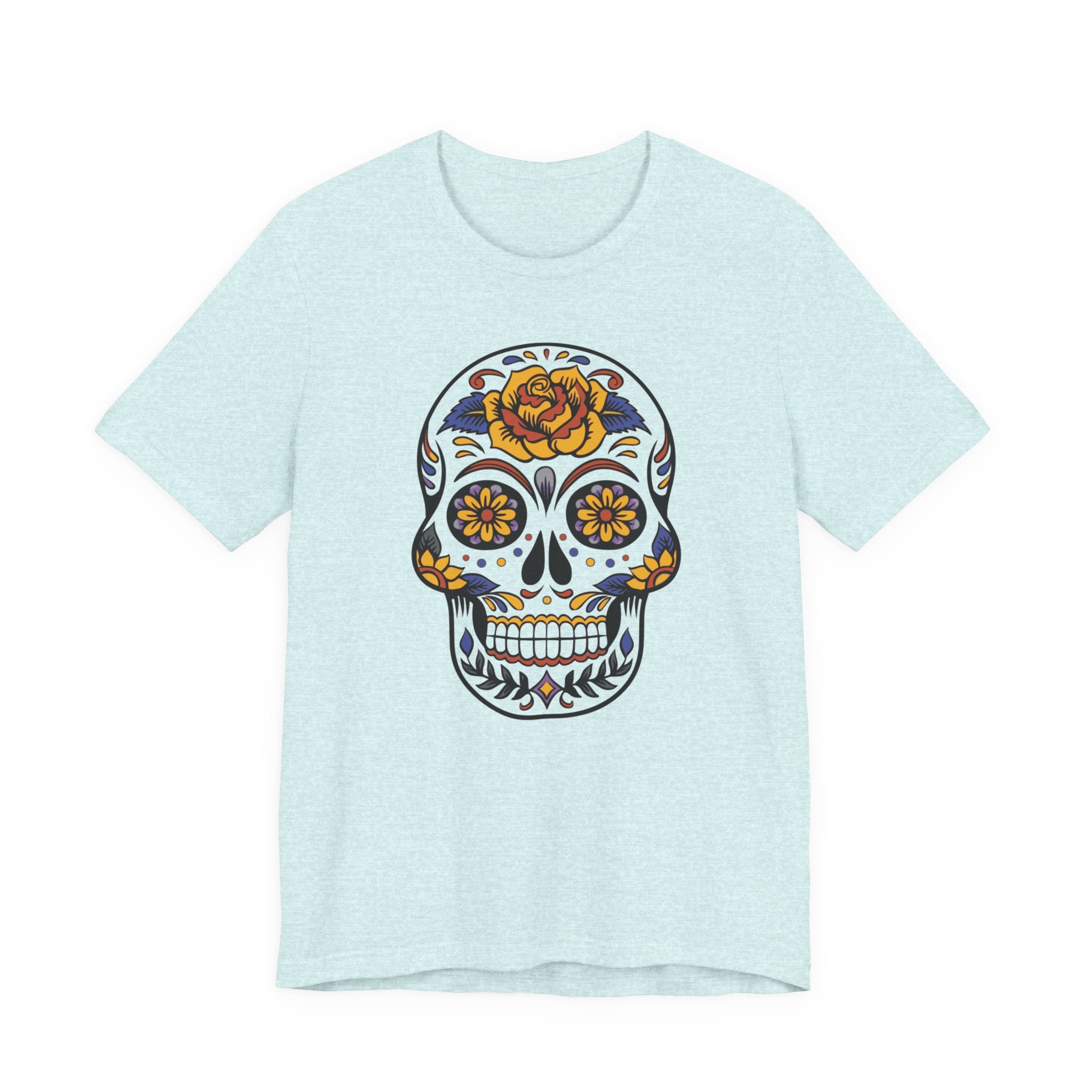 Light blue t-shirt with a colorful skull design on a white background