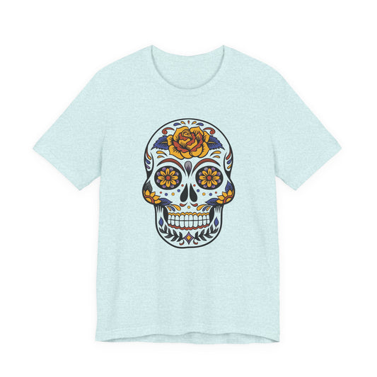 Light blue t-shirt with a colorful skull design on a white background