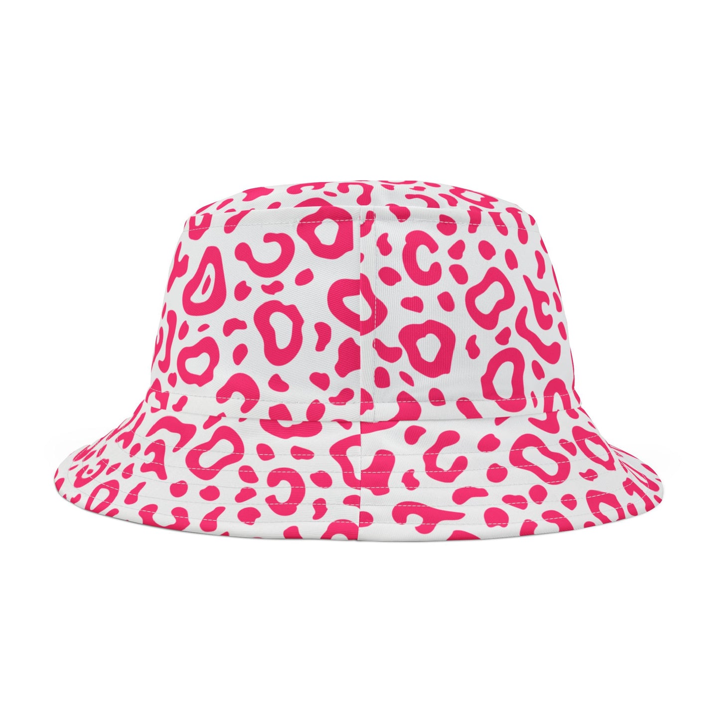 Pink leopard print bucket hat on a white background