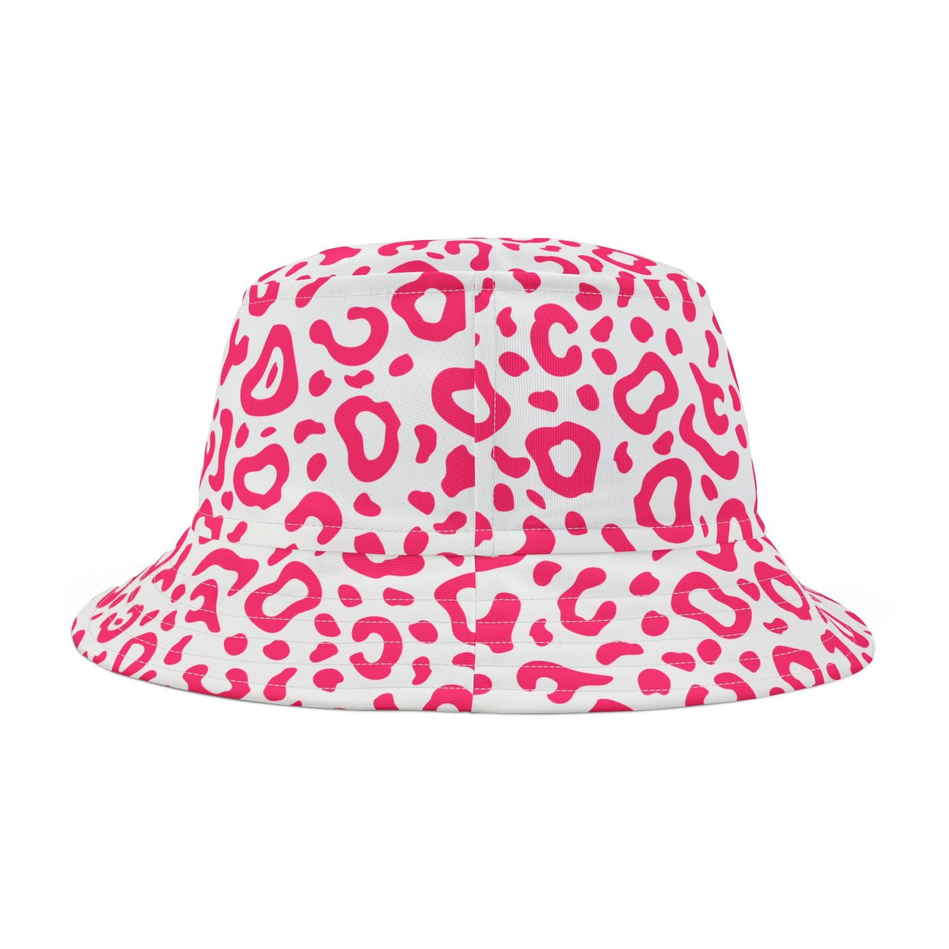 Pink leopard print bucket hat on a white background