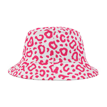 Pink leopard print bucket hat on a white background