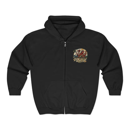 Red Dragon Traders Zip Hoodie — Vintage Fantasy Logo Hooded Sweatshirt