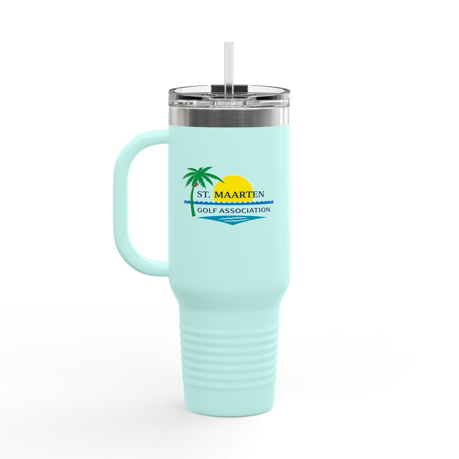Light blue mug with handle and straw lid on a white background