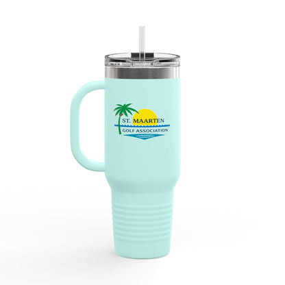 Light blue mug with handle and straw lid on a white background