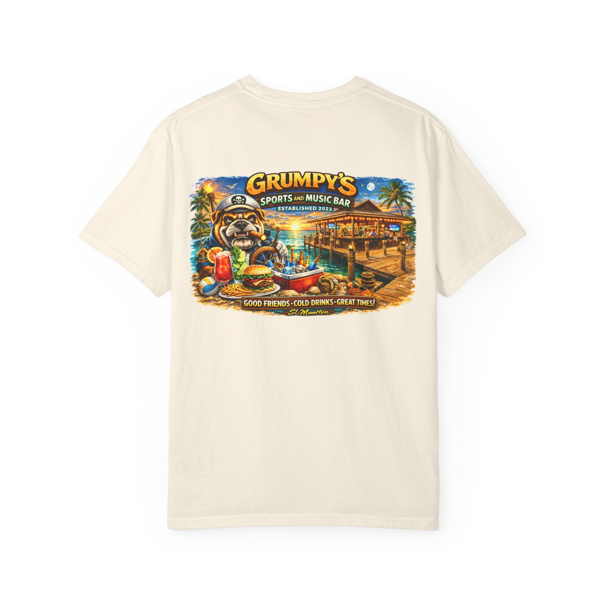 Beige t-shirt with a colorful graphic of Grumpy's Sports and Music Bar on a white background