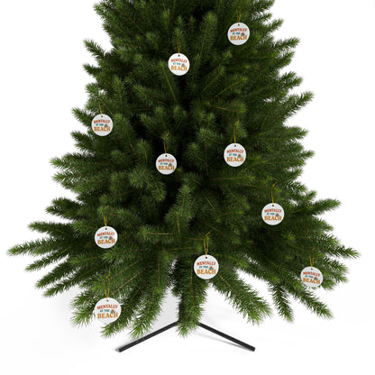 Decorative Christmas tree with 'Mentally at the Beach' ornaments on a white background