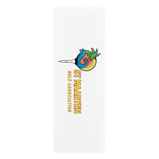 White yoga mat with St Maarten Golf Association logo featuring a colorful design on a white background