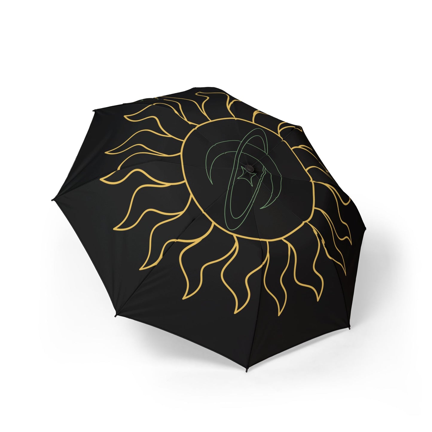 Black umbrella with gold sun design on a white background