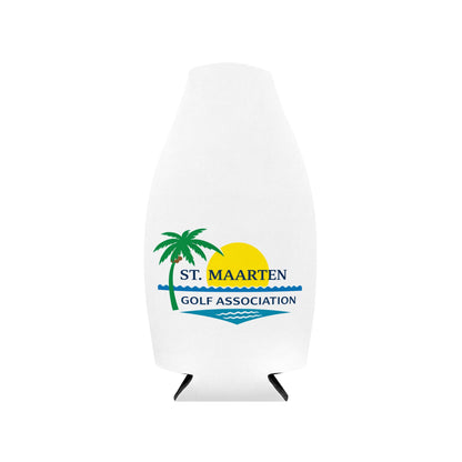 White bottle cooler sleeve printed with the St. Maarten Golf Association palm tree and sun logo, on a white background.