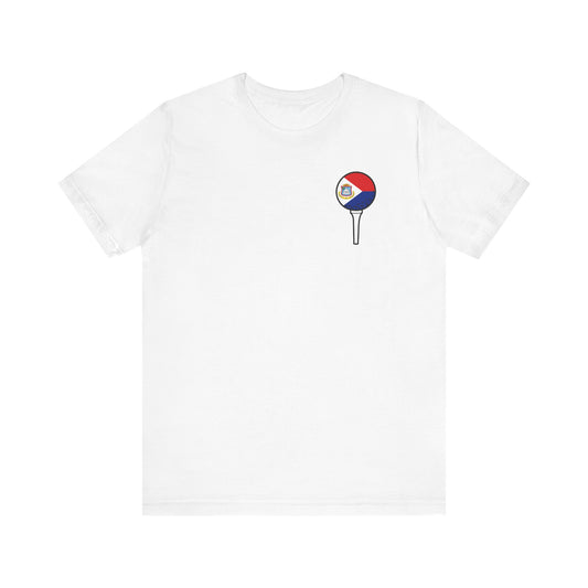 White t-shirt with a colorful graphic on a white background