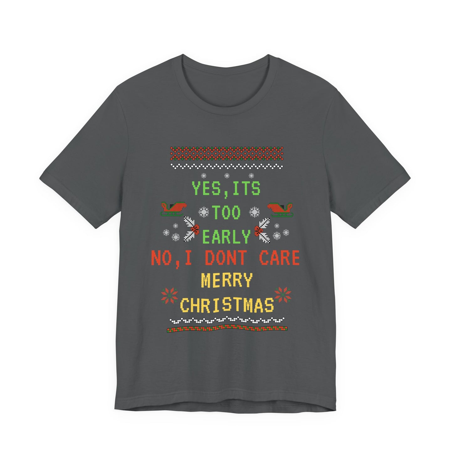 Gray t-shirt with Christmas-themed text and graphics on a white background