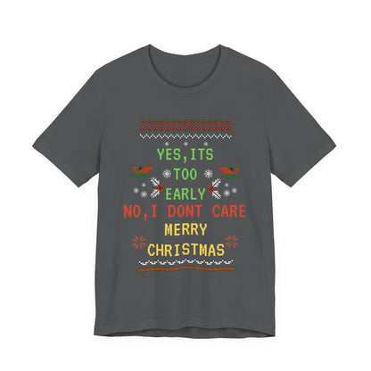 Gray t-shirt with Christmas-themed text and graphics on a white background