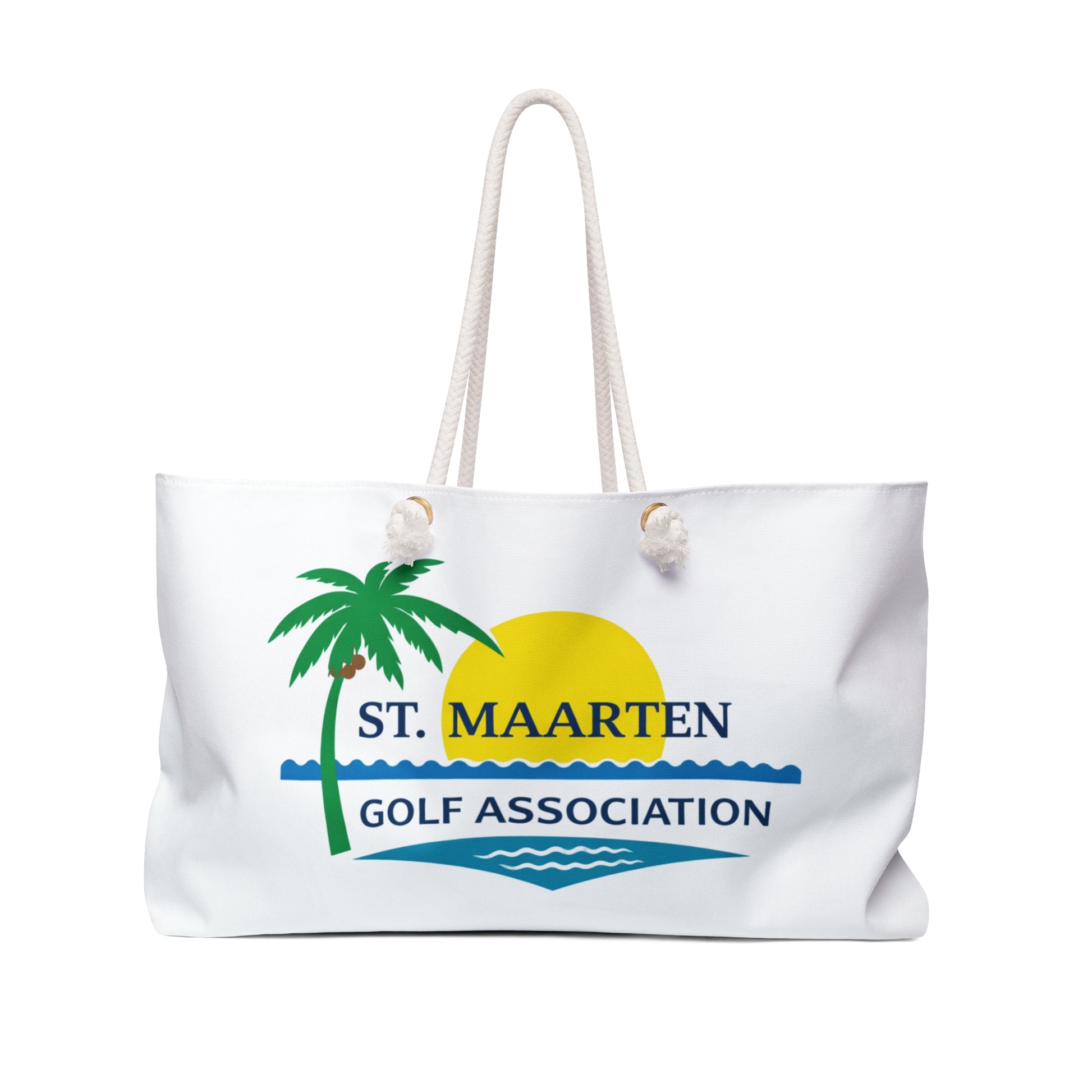 White tote bag with St. Maarten Golf Association logo featuring a palm tree and sun.
