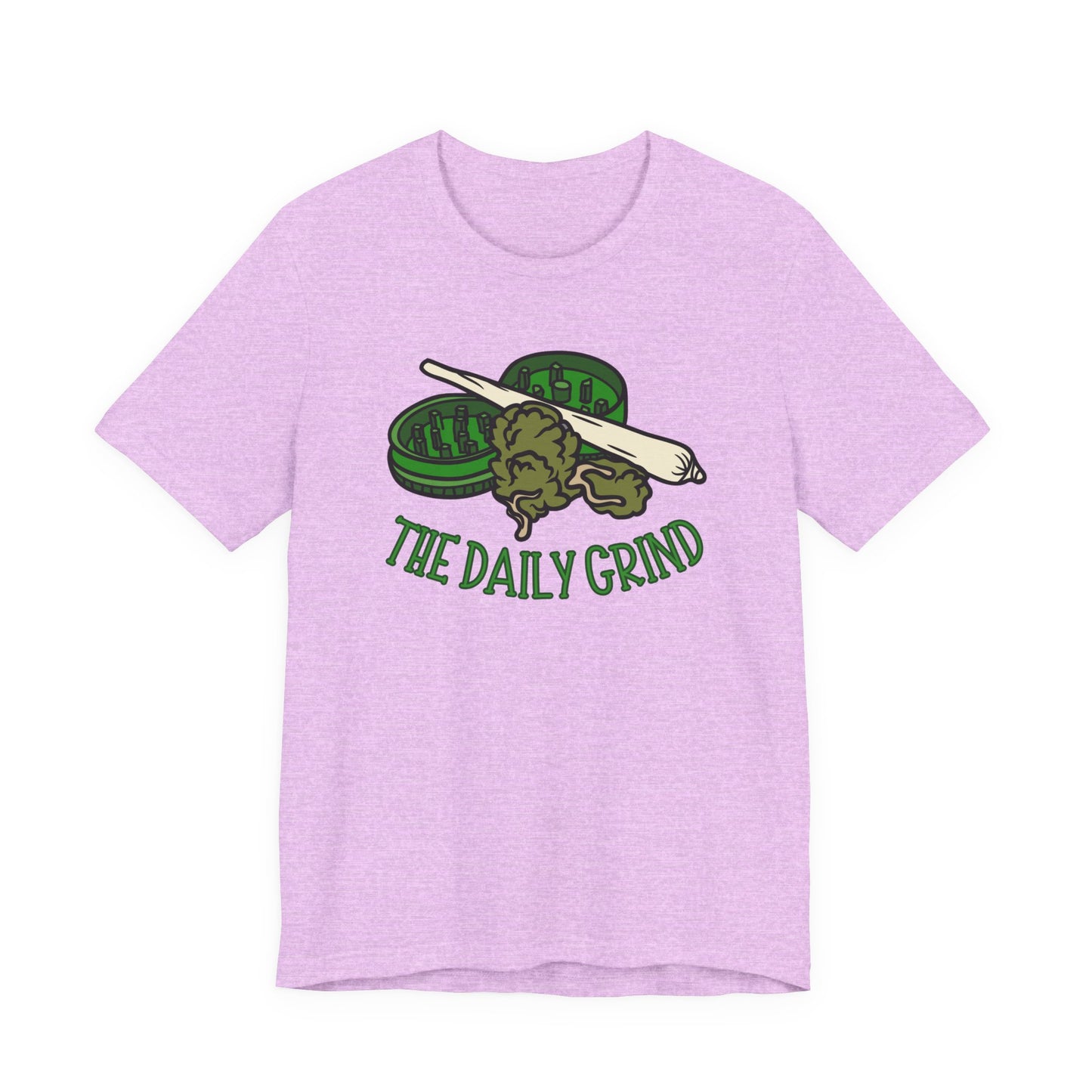 Purple t-shirt with 'The Daily Grind' graphic design on a white background