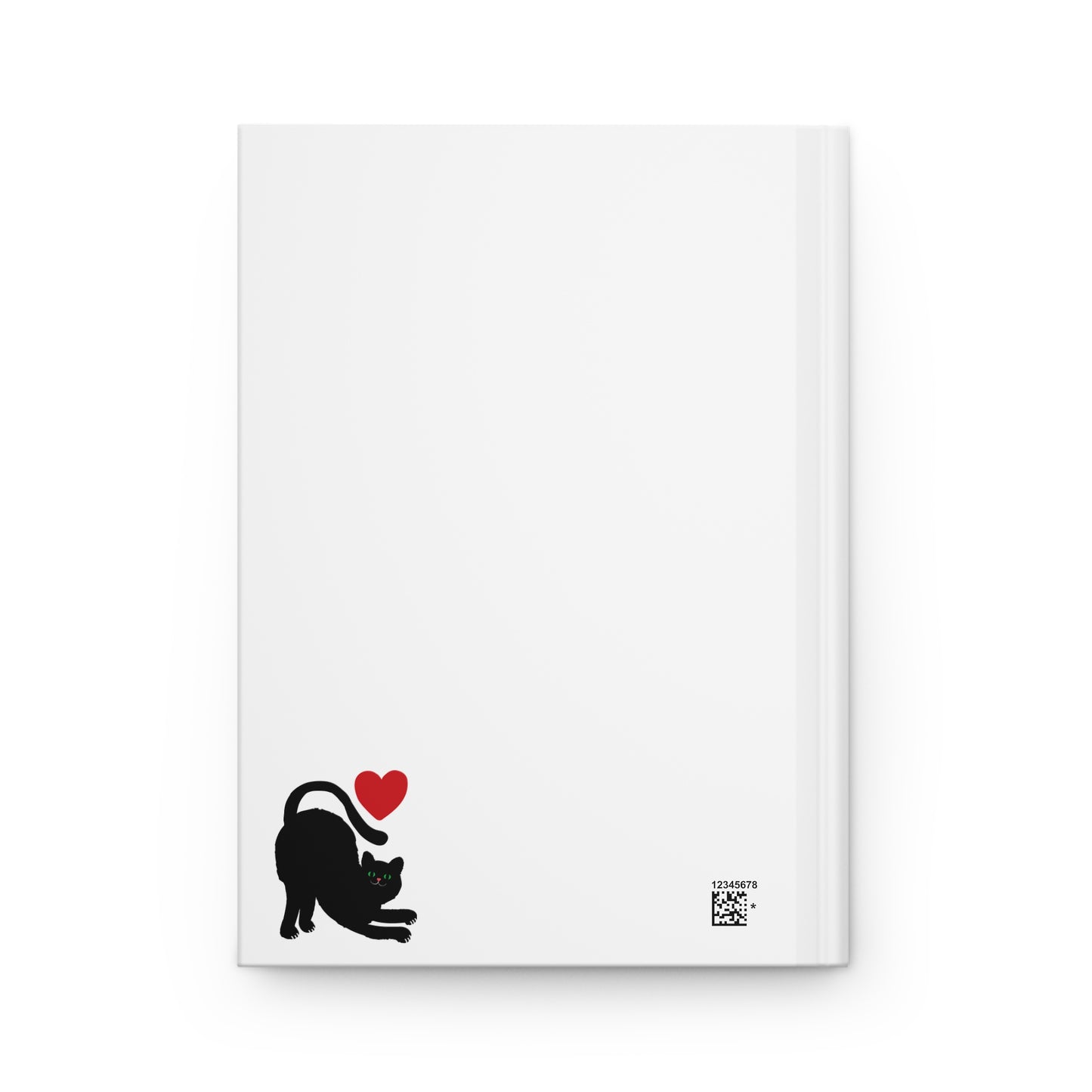 White notebook with a black cat and red heart design on a white background
