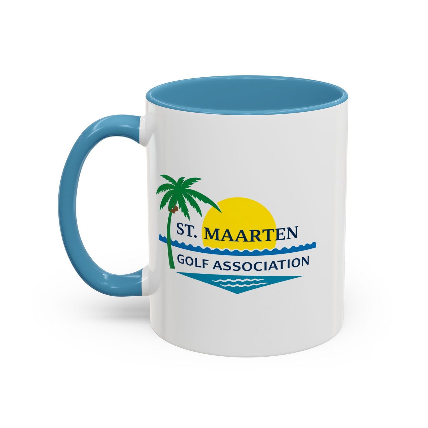 White mug with blue handle and interior, featuring St. Maarten Golf Association logo.