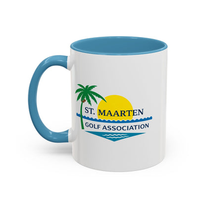 White mug with blue handle and interior, featuring St. Maarten Golf Association logo.