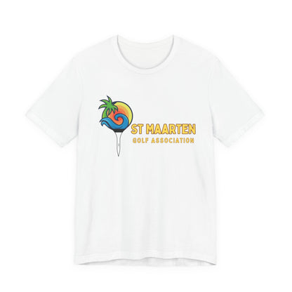 White t-shirt with St Maarten Golf Association logo on a white background