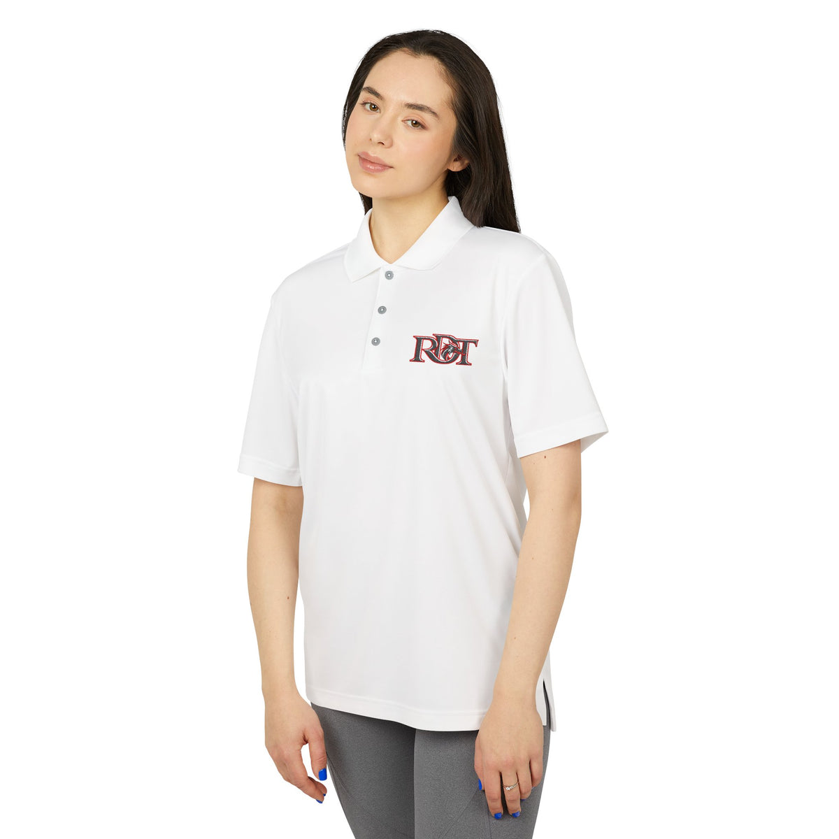 R&T Monogram Performance Polo — White Athletic Golf Shirt