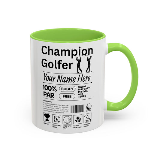 Mug with 'Champion Golfer' design on a white background and green handle