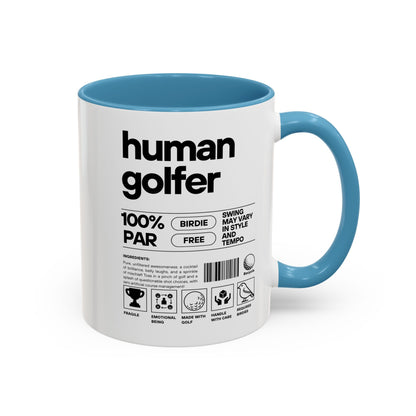 Mug with 'human golfer' text and design on a white background