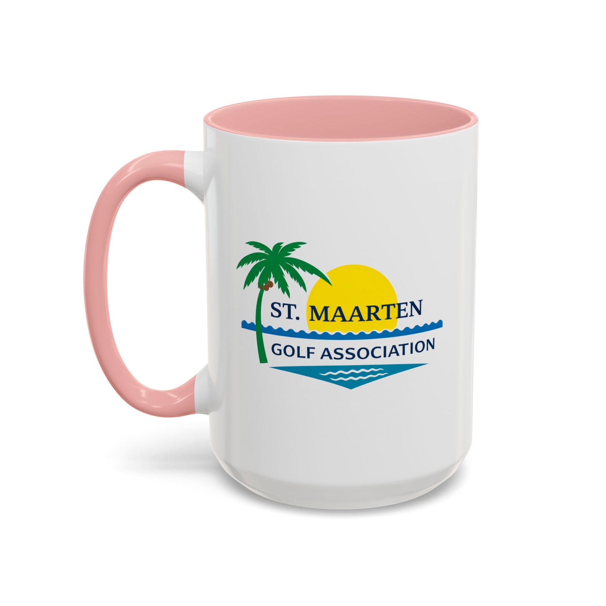 White mug with pink handle featuring St. Maarten Golf Association logo on a white background