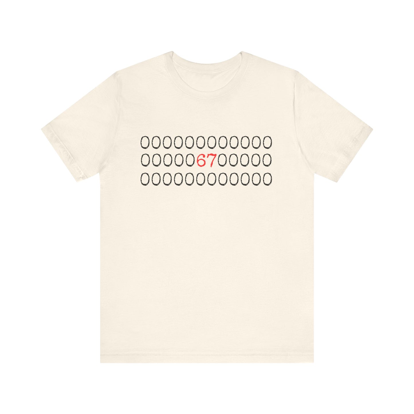 Beige t-shirt with a number '67' printed on it against a white background