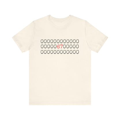 Beige t-shirt with a number '67' printed on it against a white background