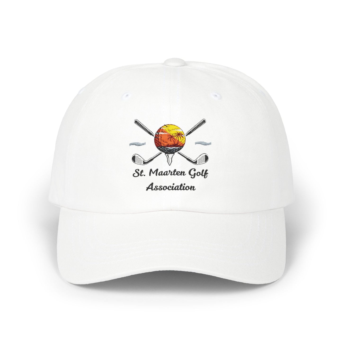 White cap with St. Maarten Golf Association logo on a white background