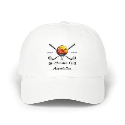 White cap with St. Maarten Golf Association logo on a white background