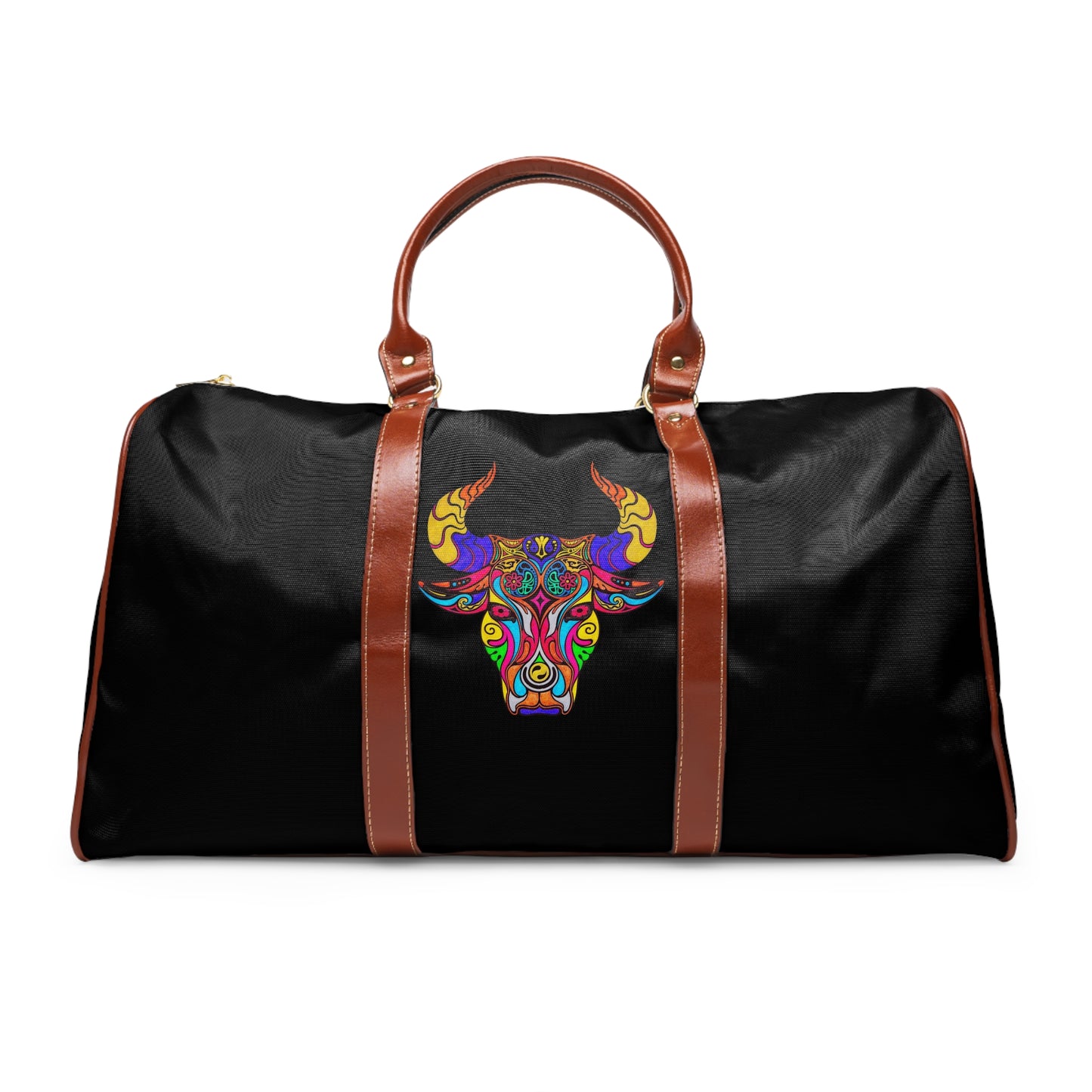 Black duffel bag with colorful bull design and brown straps on a white background