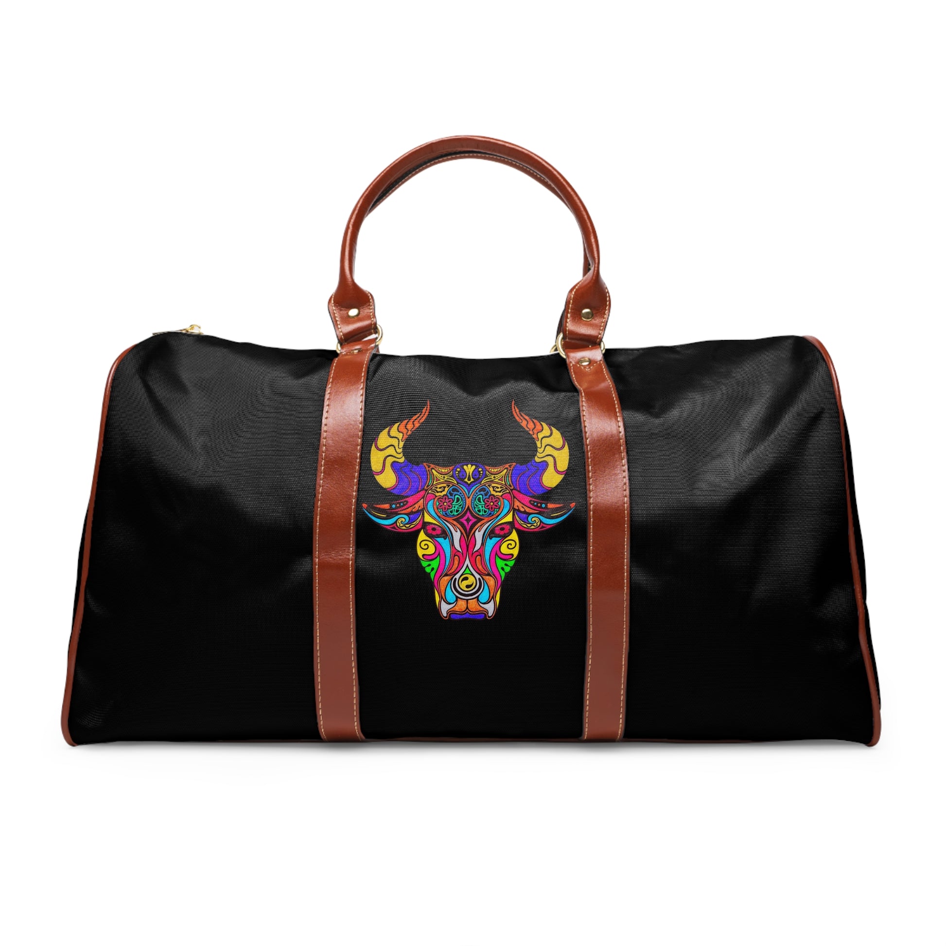 Black duffel bag with colorful bull design and brown straps on a white background