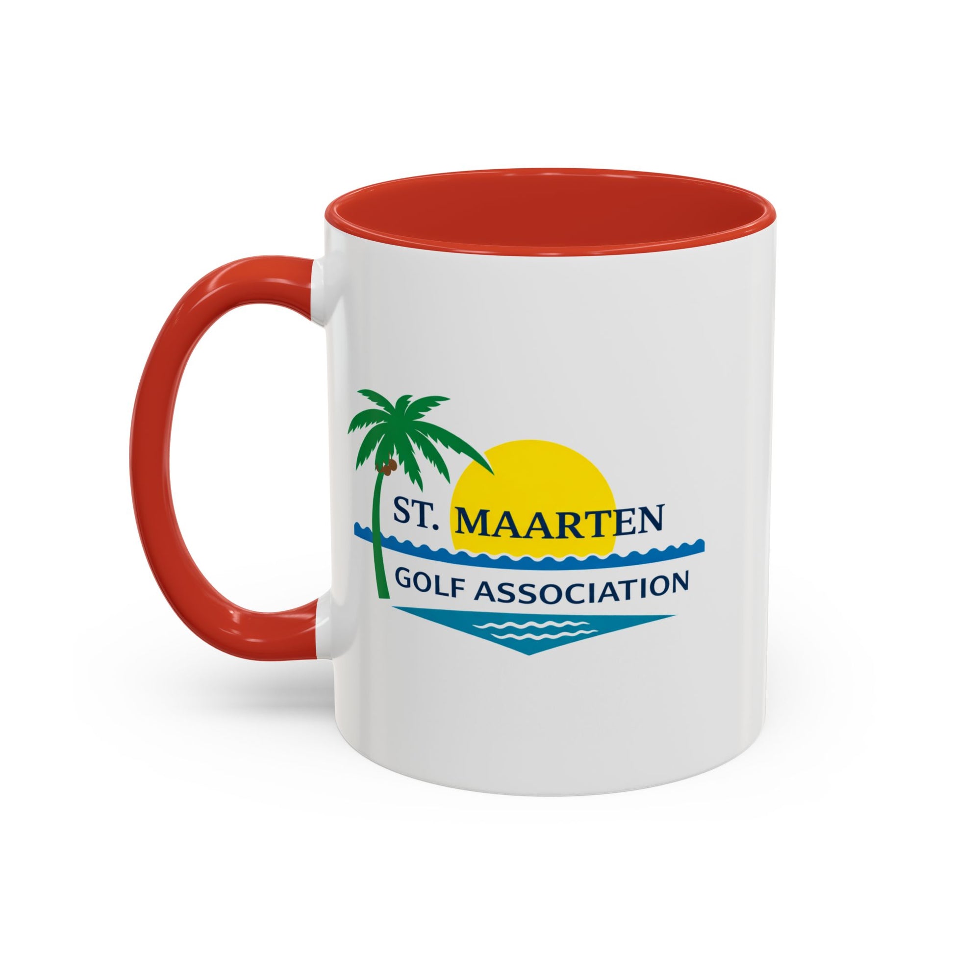 White mug with red interior and handle featuring St. Maarten Golf Association logo on a white background