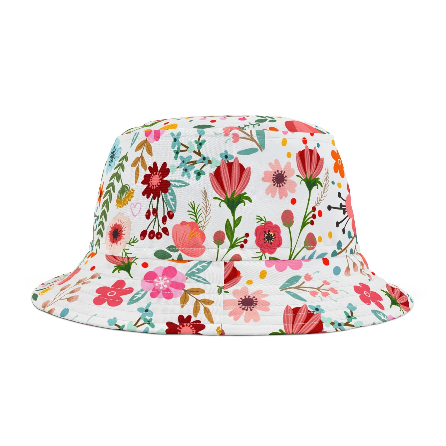 Floral-patterned bucket hat on a white background