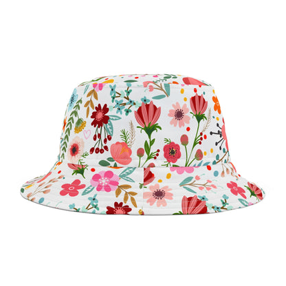 Floral-patterned bucket hat on a white background