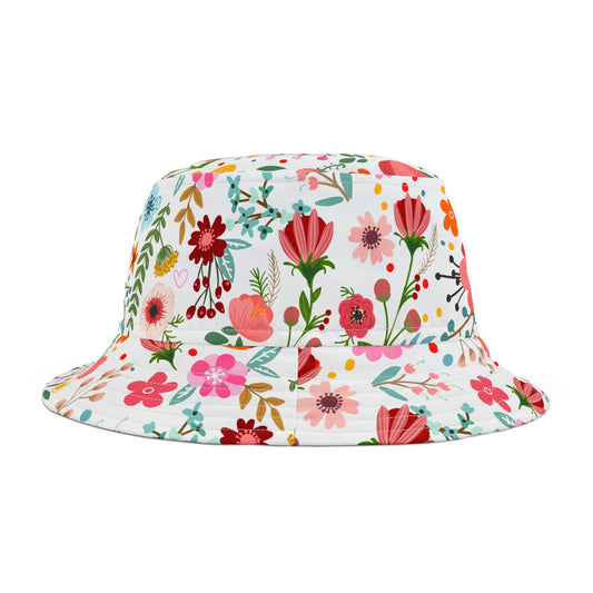 Floral-patterned bucket hat on a white background