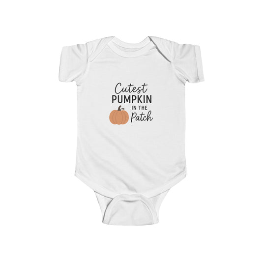 White baby onesie with 'Cutest Pumpkin in the Patch' text and pumpkin graphic on a white background